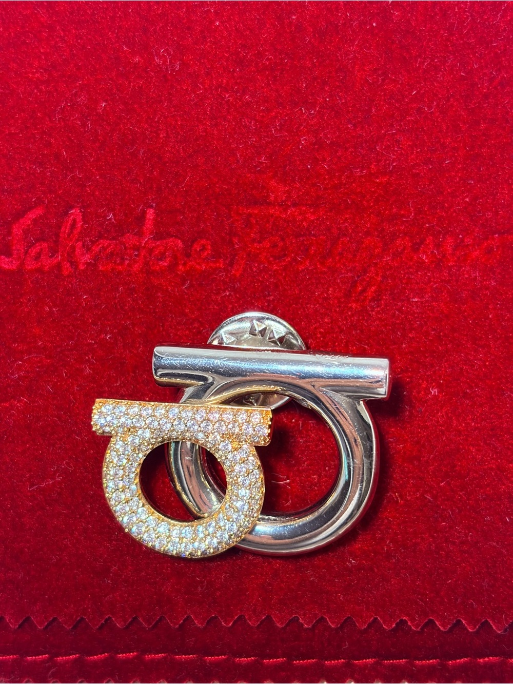 Salvatore Ferragamo Gold and Silver Crystal Gancini Brooch